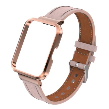 Για Xiaomi Mi Watch Lite / Redmi Watch Γνήσια δερμάτινη μεταλλική θήκη Ενσωματωμένη ζώνη ρολογιού (ανοιχτό ροζ)