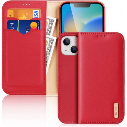 DUX DUCIS Hivo - Δερμάτινη θήκη πορτοφολιού για Apple iPhone 15 (ΚΟΚΚΙΝΟ)
