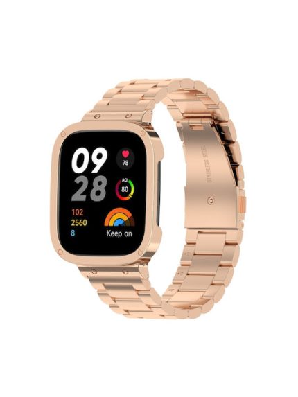 For Xiaomi Redmi Watch 3  2 in 1 Three-bead Metal Watch Band with Watch Frame(Rose Gold)