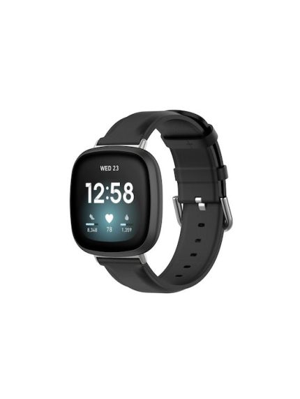 Για Fitbit Versa 4 / Sense 2 Genuine Leather Band Watch (Μαύρο)