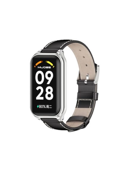 For Redmi Band 2 Mijobs Metal Shell Genuine Leather Watch Band(Black Silver)