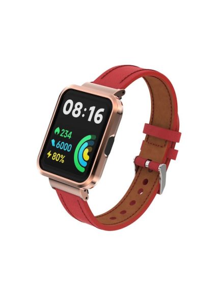 Για το Xiaomi Redmi Watch 2 Γνήσια Δερμάτινη Μεταλλική Θήκη Ενσωματωμένη ζώνη ρολογιού (κόκκινο)