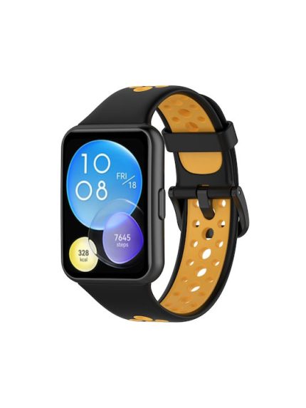 Για Huawei Watch Fit 2 Διχρωμία αναπνεύσιμη ζώνη ρολογιών σιλικόνης (Μαύρο+κίτρινο)