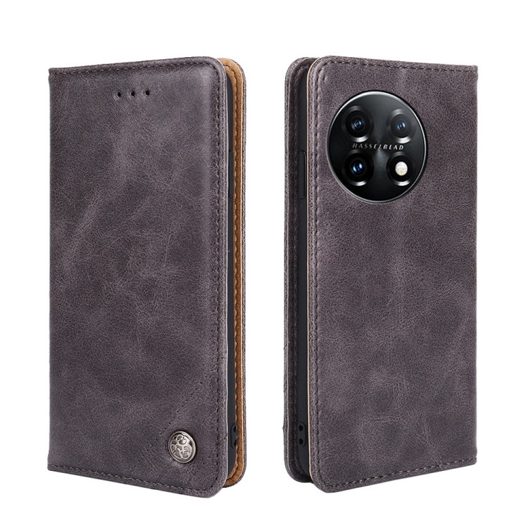 EDA004210508C_1 For OnePlus 11 Non-Magnetic Retro Texture Horizontal Flip Leather Case(Grey) - Image 1