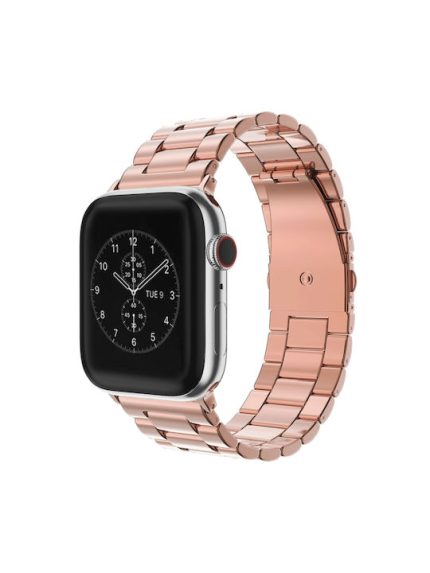 Fold Buckle 3 Beads Stainless Steel Watch Band For Apple Watch Ultra 49mm / Series 8&7 45mm / SE 2&6&SE&5&4 44mm / 3&2&1 42mm(Rose Gold)