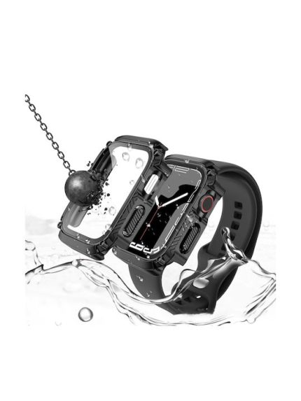 Screen Tempered Glass Film Armor Waterproof Watch Case For Apple Watch Series 8&7 45mm(Black)