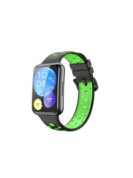 For Huawei Watch Fit 2 Two-Color Perforated Silicone Watch Band(Black+Green)