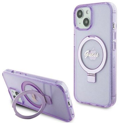 Γνήσια θήκη GUESS Hardcase GUHMP15SHRSGSU για iPhone 15 (Λογότυπο Magsafe / Glitter Script / Βάση δαχτυλιδιού / μωβ)