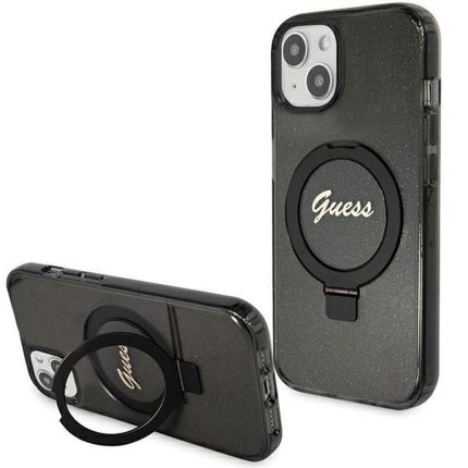 Γνήσια θήκη GUESS Hardcase GUHMP15SHRSGSK για iPhone 15 (Λογότυπο Magsafe / Glitter Script / Ring stand / μαύρο)