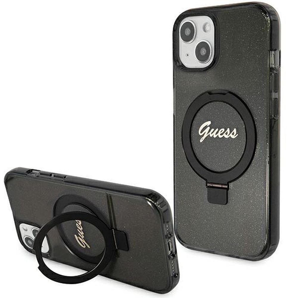 beb6948655e7a6461a879ac243cca287 Γνήσια θήκη GUESS Hardcase GUHMP15SHRSGSK για iPhone 15 (Λογότυπο Magsafe / Glitter Script / Ring stand / μαύρο) - Image 1