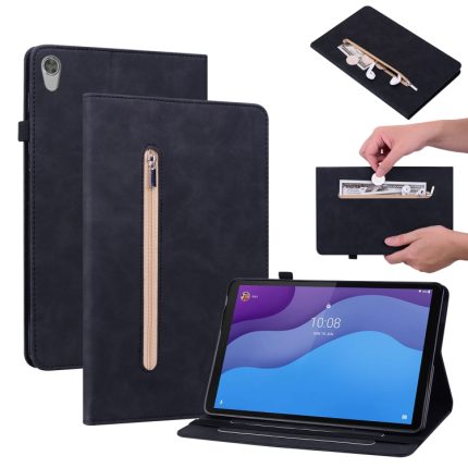 For Lenovo Tab M10 HD 2nd Gen TB-X306X Skin Feel Solid Color Zipper Leather Tablet Case(Black)