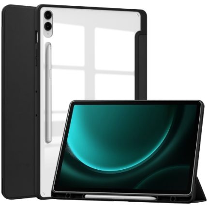 For Samsung Galaxy Tab S9 FE+ Acrylic 3-folding Smart Leather Tablet Case with Pen Slot(Black)