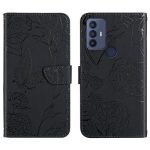 For TCL 30 SE Skin Feel Butterfly Peony Embossed Leather Phone Case(Black)