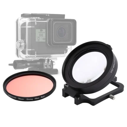 JSR 58mm 16X Macro Lens + Red Diving Lens Filter with Lens Cover + Lens Filter Ring Adapter + String + Cleaning Cloth for GoPro HERO6 /5 Dive Housing