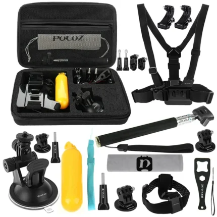 PULUZ 20 in 1 Accessories Combo Kits with EVA Case (Chest Strap + Head Strap + Suction Cup Mount + 3-Way Pivot Arm + J-Hook Buckles + Extendable Monopod + Tripod Adapter + Bobber Hand Grip + Storage Bag + Wrench) for GoPro, Insta360, DJI and Other Action Cameras