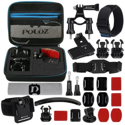 PULUZ 24 in 1 Bike Mount Accessories Combo Kits with EVA Case (Wrist Strap + Helmet Strap + Extension Arm + Quick Release Buckles + Surface Mounts + Adhesive Stickers + Tripod Adapter + Storage Bag + Handlebar Mount + Screws) for GoPro, Insta360, DJI and Other Action Cameras