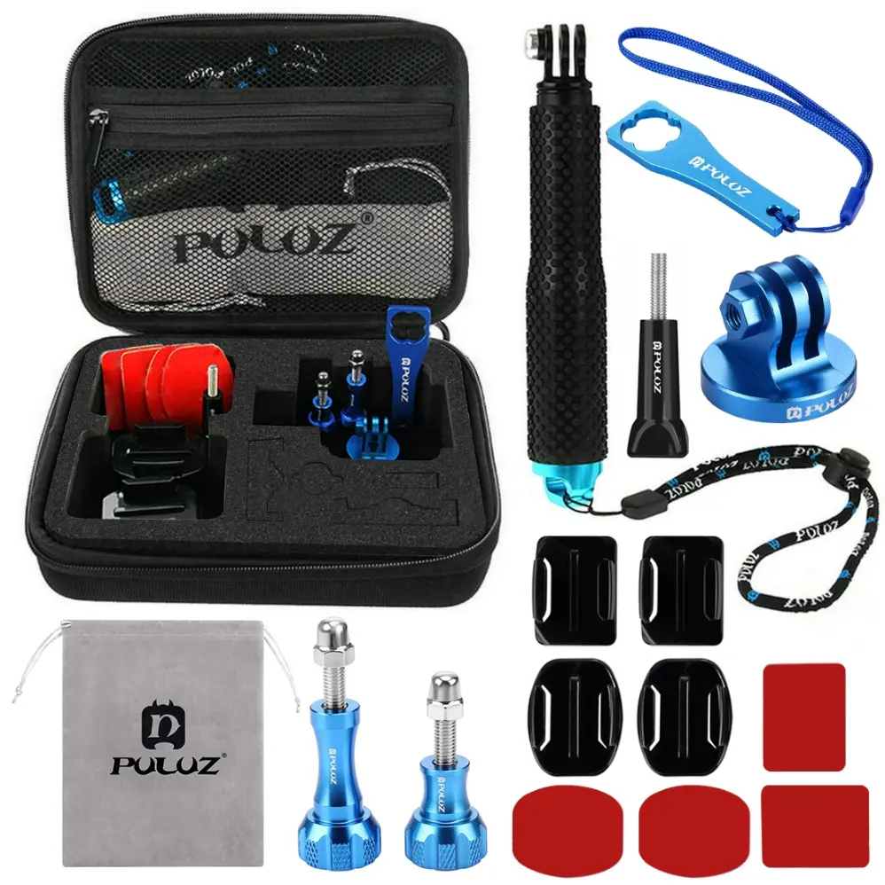 PKT15 PULUZ 16 in 1 CNC Metal Accessories Combo Kits with EVA Case (Screws + Surface Mounts + Tripod Adapter + Extendable Pole Monopod + Storage Bag + Wrench) for GoPro, Insta360, DJI and Other Action Cameras - Image 1