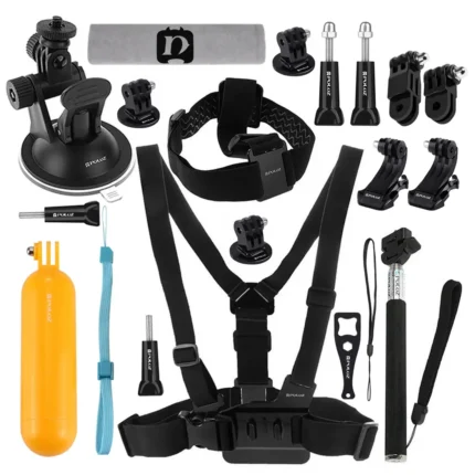 PULUZ 20 in 1 Accessories Combo Kits (Chest Strap + Head Strap + Suction Cup Mount + 3-Way Pivot Arm + J-Hook Buckles + Extendable Monopod + Tripod Adapter + Bobber Hand Grip + Storage Bag + Wrench) for GoPro, Insta360, DJI and Other Action Cameras