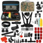 PULUZ 53 in 1 Accessories Total Ultimate Combo Kits with Camouflage EVA Case (Chest Strap + Suction Cup Mount + 3-Way Pivot Arms + J-Hook Buckle + Wrist Strap + Helmet Strap + Extendable Monopod + Surface Mounts + Tripod Adapters + Storage Bag + Handlebar Mount) for GoPro, Insta360, DJI and Other Action Cameras