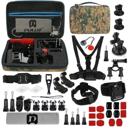 PULUZ 45 in 1 Accessories Ultimate Combo Kits with Camouflage EVA Case (Chest Strap + Suction Cup Mount + 3-Way Pivot Arms + J-Hook Buckle + Wrist Strap + Helmet Strap + Surface Mounts + Tripod Adapter + Storage Bag + Handlebar Mount + Wrench) for GoPro, Insta360, DJI and Other Action Cameras