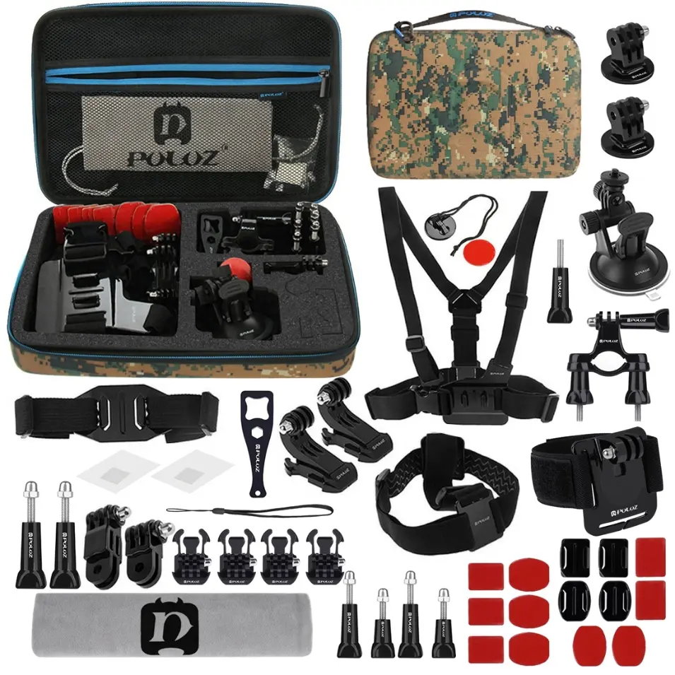 PKT29 PULUZ 45 in 1 Accessories Ultimate Combo Kits with Camouflage EVA Case (Chest Strap + Suction Cup Mount + 3-Way Pivot Arms + J-Hook Buckle + Wrist Strap + Helmet Strap + Surface Mounts + Tripod Adapter + Storage Bag + Handlebar Mount + Wrench) for GoPro, Insta360, DJI and Other Action Cameras - Image 1