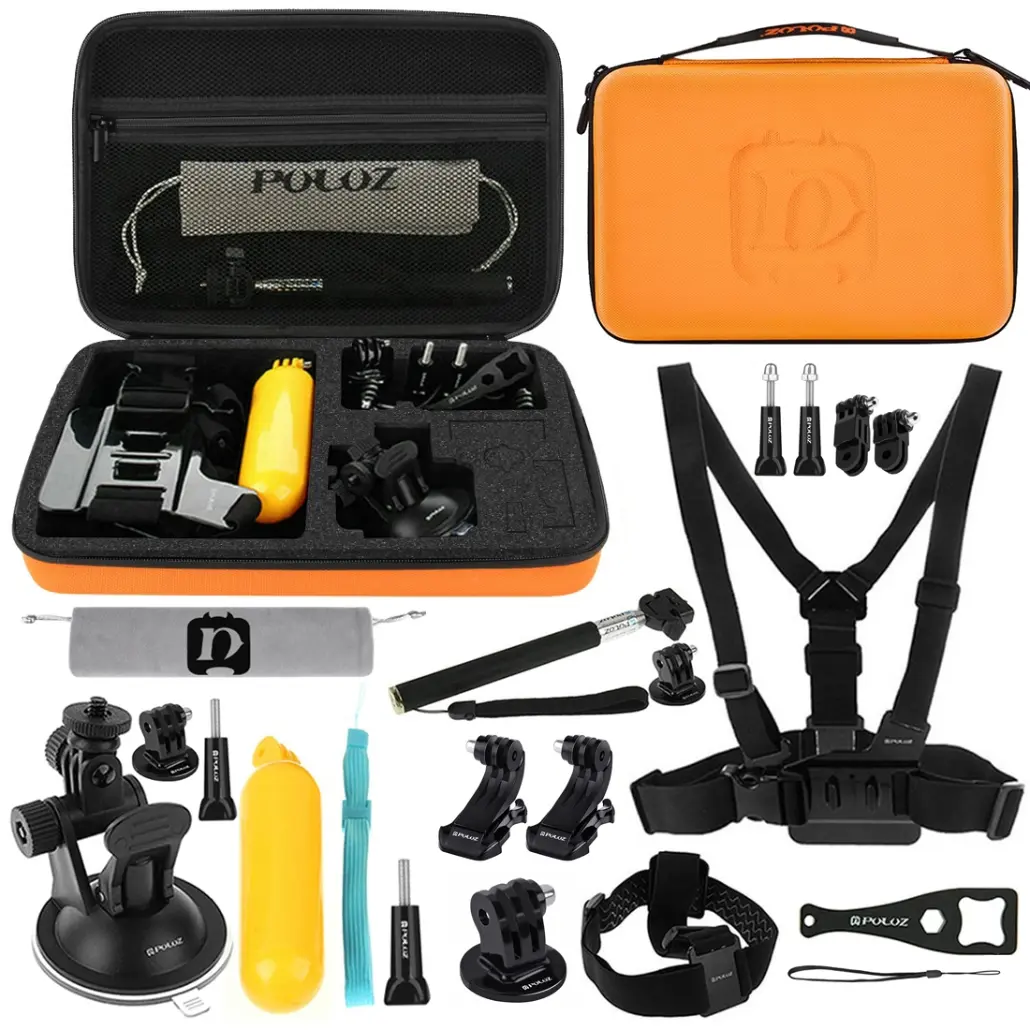 PKT30 PULUZ 20 in 1 Accessories Combo Kits with Orange EVA Case (Chest Strap + Head Strap + Suction Cup Mount + 3-Way Pivot Arm + J-Hook Buckles + Extendable Monopod + Tripod Adapter + Bobber Hand Grip + Storage Bag + Wrench) for GoPro, Insta360, DJI and Other Action Cameras - Image 1