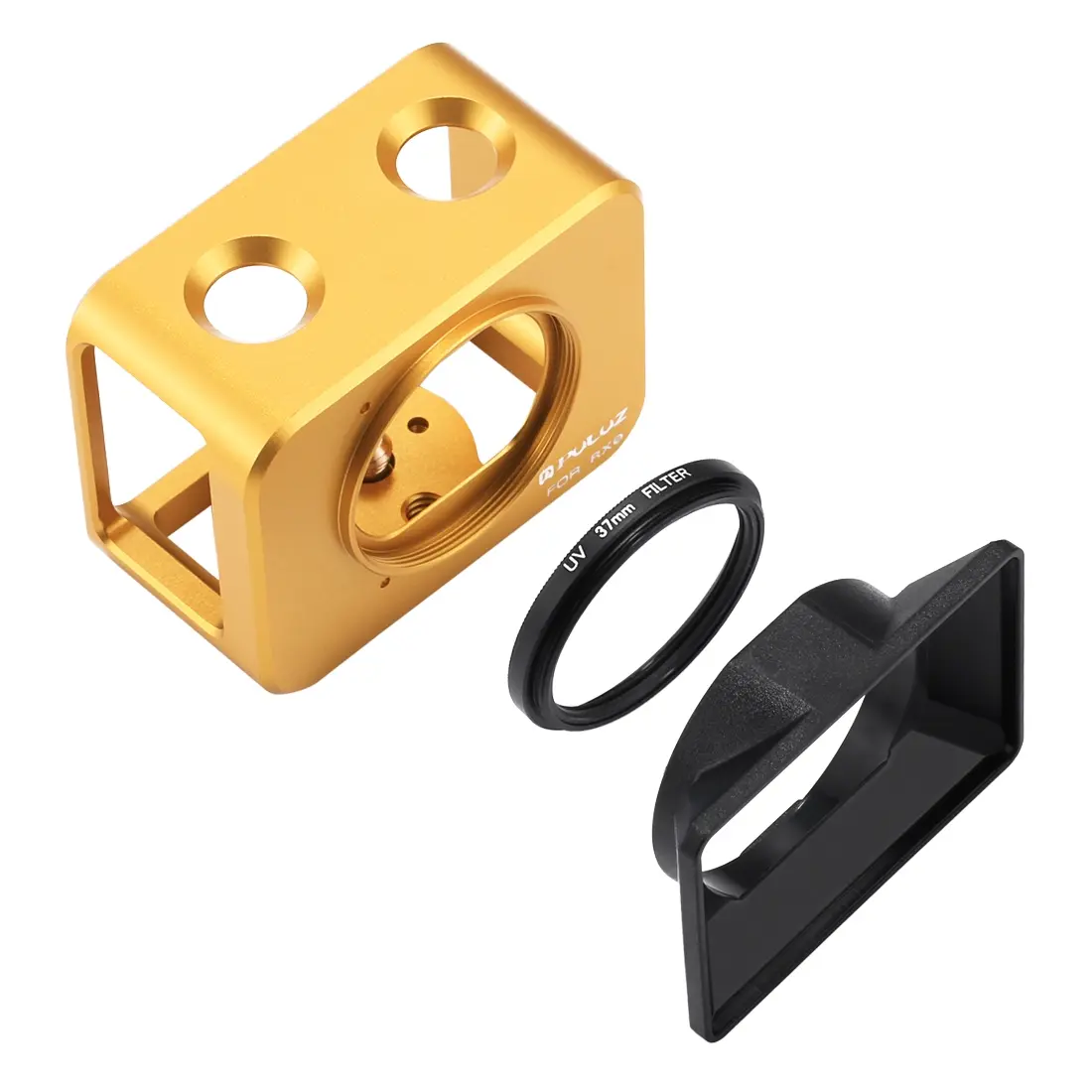 PU320J PULUZ for Sony RX0 Aluminum Alloy Protective Cage + 37mm UV Filter Lens + Lens Sunshade with Screws and Screwdrivers(Gold) - Image 1